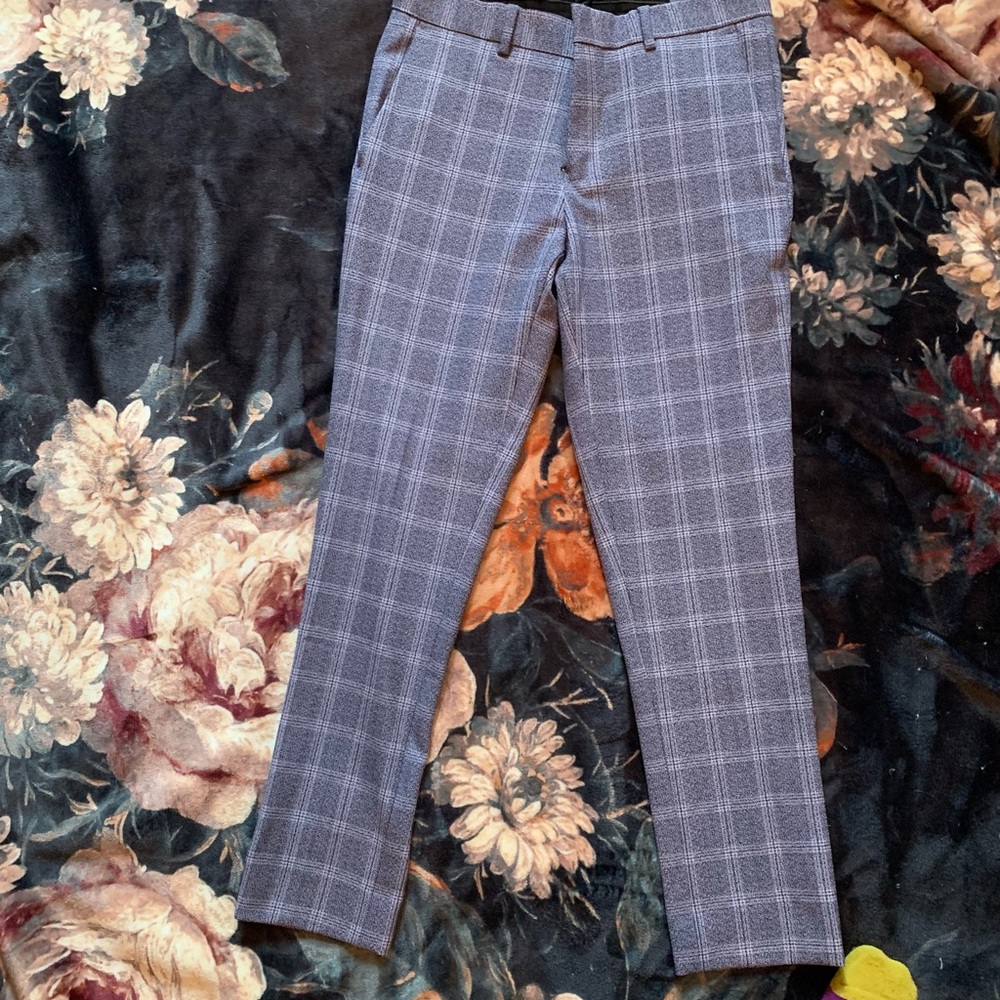 River island cropped slim tapered blue checkered stretch dress pant 28x32